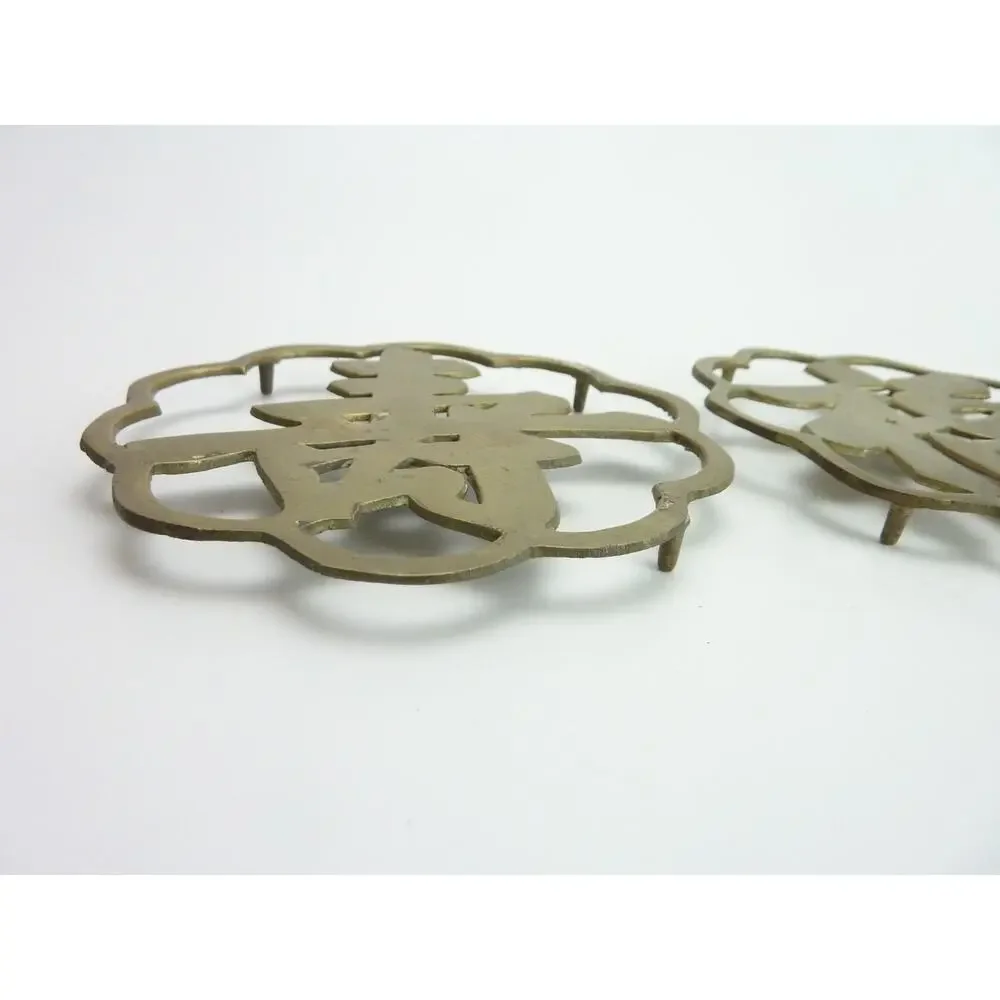 Vintage Good Luck Long Life Chinese Brass Character Trivet Wall Decor
